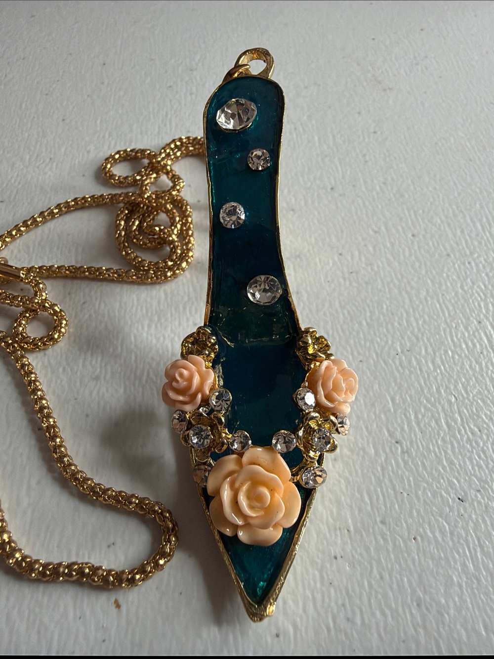 Betsey Johnson Gold-Tone Teal Floral Shoe Pendant Necklace - Picture 6 of 8